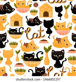 Cute cat seamless pattern for textile or wallpaper for kids with plants, colourful ornate for animal lover, pet concept in cartoon style