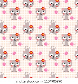 Cute cat seamless pattern vector. Lovely cat cartoon in pink color background.