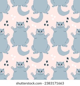 Cute cat seamless pattern vector design. Cute funny blue cats isolated on pink background. Template for kids.