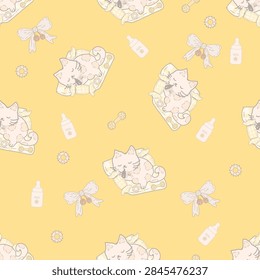 cute cat, seamless pattern, yellow, pastel, baby, nursery, cartoon, background, texture, fabric, repeat, vector, textile, bow, ribbon, milk bottle, bone, pet, sleep, soft