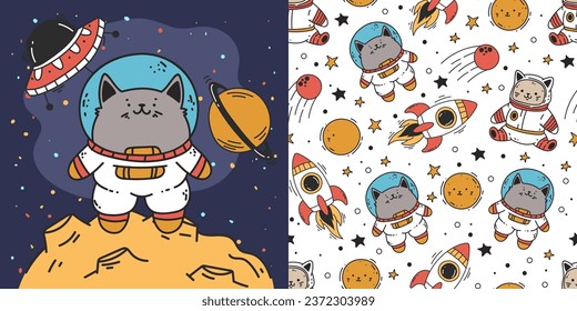 Cute cat seamless space pattern print universe animal astronaut concept. Vector flat graphic design illustration
