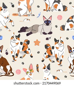 Cute cat seamless vector pattern on beige background. Pet flat style illustration for branding, package, fabric and textile, wrapping paper