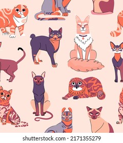 Cute cat seamless vector pattern on red background. Pet flat style illustration for branding, package, fabric and textile, wrapping paper