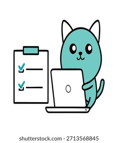 Gato lindo que envía correos electrónicos de la oficina con el sobre volador, comunicándose eficientemente mientras que agrega el encanto lúdico a las escenas profesionales de la ilustración de la oficina del Vector.