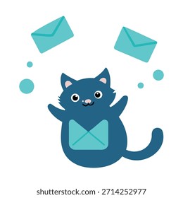 Cute cat sending office emails with flying envelope, digital communication, vector illustration, professional workspace, office cat character, modern business scene