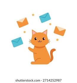Gato bonito enviando e-mails de escritório com envelope voador, comunicação digital, ilustração vetorial, espaço de trabalho profissional, personagem de gato de escritório, cena empresarial moderna