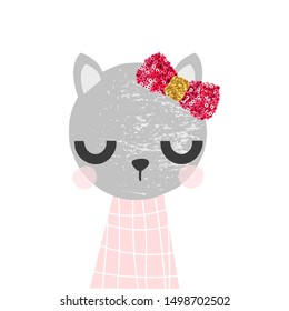 Cute cat with sequins bow. Kids fashion print. Vector hand drawn illustration.