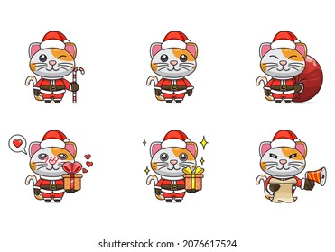 cute cat set, animal character bundles in santa costumes, animals wearing christmas costumes. cartoon in kawaii style, chibi mascot. very suitable for Christmas content. for adult or child
