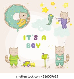 Cute Cat Set. Baby Shower or Arrival Cards, in vector