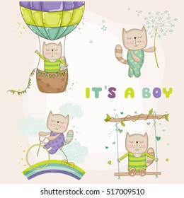 Cute Cat Set for Baby Shower or Arrival Cards in vector