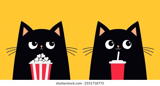 Lindo juego de gatos. Gatitos negros viendo películas. Palomitas de maíz, vaso de refresco con paja. Cine y teatro. Lindo personaje de dibujos animados. Espectáculo de cine. Impresión de la etiqueta engomada de los niños. Estilo infantil. Fondo amarillo. Vector de diseño plano