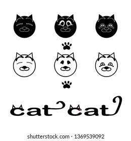 Cute cat set. Cute cartoon characters. Emotion collection. White background. with style lettering sign. Isolated. Flat design Vector illustration