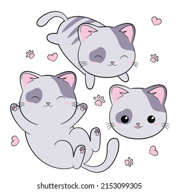 Cute cat set. Cartoon funny character. Kawaii kitten baby animal. Sweet kitten for stickers. Flat design. Vector illustration on white background.
