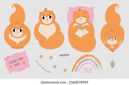 Un gato bonito. Cuatro posiciones de gato con diferentes emociones. Objetos vectoriales aislados sobre fondo gris