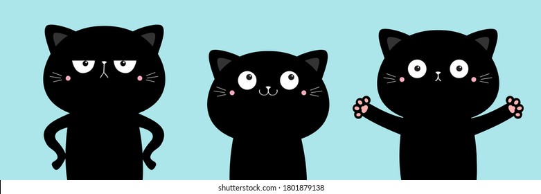 Un gato bonito. Un gatito gracioso dando un abrazo, enojado. Caricatura de Kawaii. Icono negro. Feliz Día de San Valentín. Impresión de portada de cuaderno de la tarjeta de saludo para bebé. Fondo azul. Diseño plano. Vector