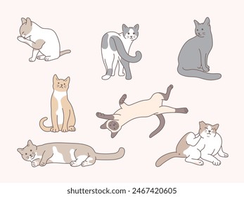 cute cat set, funny kitty, flat graphic vector