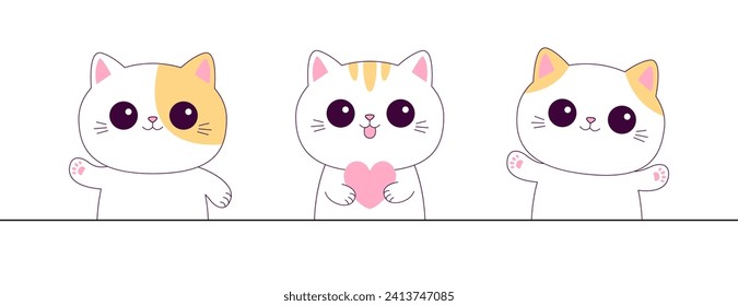 Un gato bonito. Gatito sosteniendo el corazón rosado. Feliz Día de San Valentín. Impresión de trazo. Un gatito blanco. Doodle de línea de contorno. Cara divertida. Caricatura del personaje animal kawaii. Diseño plano. Tarjeta de amor. Vector de fondo blanco