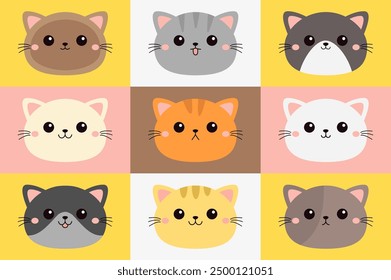 Cute cat set. Kitten, kitty face. Square icon. Different breeds and patterns, emotions, colors. Cartoon kawaii funny baby character. Kids collection. Sticker print. Flat design White background Vector