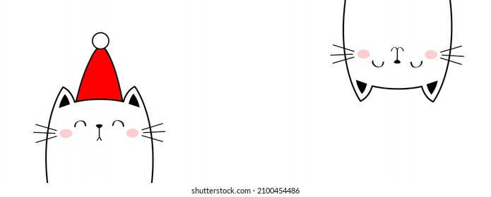 Cute cat set. Line banner. Merry Christmas Happy New Year. Upside down. Red Santa hat. Funny kawaii doodle animal. Two kitten kitty. Cartoon funny pet character. Flat design. White background Vector