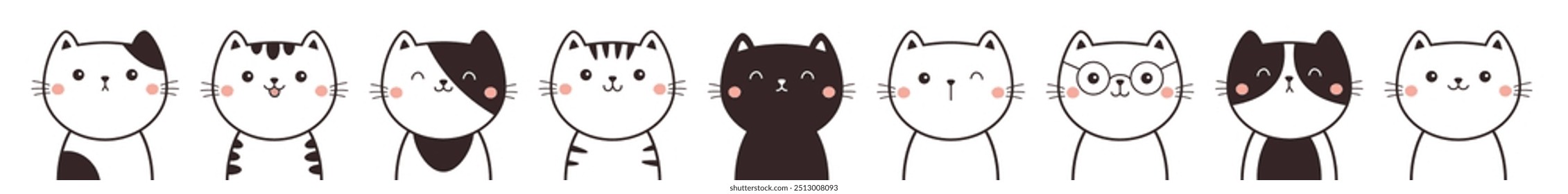 Cute cat set line. Cute black white kitten face head. Kawaii cartoon funny characters. Line contour doodle. Different emotion. Happy, surprised, sad, angry cats. Flat design. White background. Vector