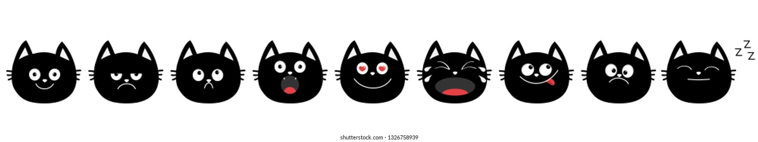 Cute cat set line. Cute cartoon characters. Emotion collection. White background. Isolated. Flat design Vector illustration