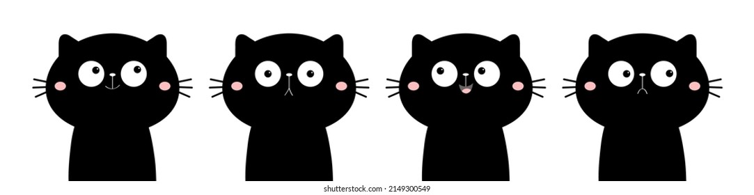 Cute cat set line. Funny cartoon characters. Emotion collection. Happy, surprised, crying, sad angry, smiling. Black face silhouette sticker. White background. Isolated. Flat design Vector