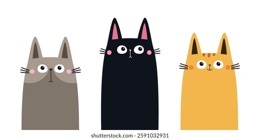 Cute cat set line. Kitten face head body silhouette icon. Different breeds. Funny kawaii cartoon baby character. Happy Valentines Day. Childish style. Flat design. White background. Vector