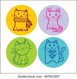 Cute cat set on color background. Hand drawing cat. Vector illustration