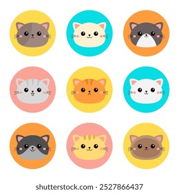 Cute cat set. Round icon. Kitten, kitty face. Different breeds and patterns, emotions, colors. Cartoon kawaii funny baby character. Sticker print. Kids collection. Flat design. White background Vector