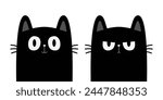 Cute cat set. Sad angry surprised face head. Black kitten with big eyes. Funny kawaii pet animal icon. Cartoon funny baby character. Pink ears, nose, cheek. Flat design. White background. Vector