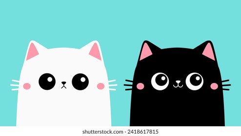 Un gato bonito. Triste sonrisa en la cara de la cabeza del gatito blanco negro. Osos rosas, mejillas. Caricatura de Kawaii, personaje de bebé gracioso. Feliz Halloween. Plantilla de impresión de adhesivos para portátiles. Diseño plano. Fondo azul. Vector