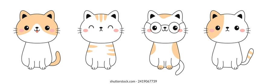 Cute cat set. Sitting kitten in glasses, sleeping, happy kitty. Funny kawaii smiling doodle animal. Face line contour silhouette icon. Cartoon baby pet character. Flat design. White background. Vector