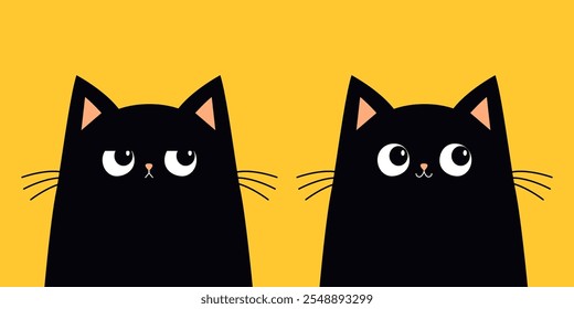 Lindo juego de gatos. Sorprendido, triste cabeza de cara enojada. Gatito negro con ojos grandes. Icono divertido animal de mascota Kawaii. Dibujos animados divertido personaje de bebé. Orejas rosadas, nariz. Diseño plano. Aislado. Fondo amarillo. Vector