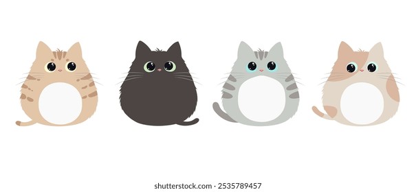 Cute cat set of vector illustrations in cartoon style. Cute kitty with big eyes on white background