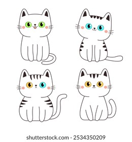 Cute cat set. White kitten face head with yellow, blue, green eyes. Cartoon pet baby character Black contour icon. Funny kawaii animal. Childish style. Flat design. White background. Vector