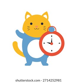 Cute cat ajustando o relógio de alarme para a agenda do escritório, gerenciamento de tempo, ilustração pontual cat, produtividade do escritório, estilo de vetor, organização do local de trabalho