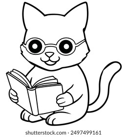 The cute cat is setting and reading a book.