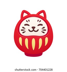 Cute cat shaped traditional Japanese Daruma doll. Kawaii smiling good luck symbol. Isolated vector illustration.