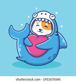 Cute Cat with Shark Costume Hug Heart Cartoon. Animal Vector Icon Illustration, Isolated on Premium Vector