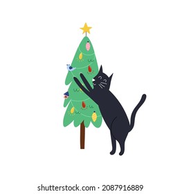 Cute cat sharpening claws on Christmas tree isolated element. Winter funny animal clipart for kids. Vector illustration