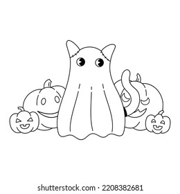 Cute Cat With Sheet Sitting Surrounded By Pumpkins. Halloween Pet. Outline Cartoon Spooky Cat Character. Vector Illustration For Greeting Cards, Stickers. Web And Prints.