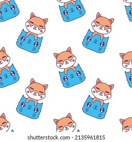 Cute Cat and Shiba inu dog on white background seamless pattern. Modern vintage, pop art style seamless pattern concept.