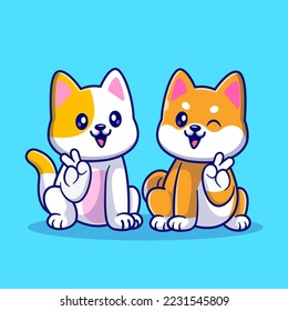 Cute Cat And Cute Shiba Inu Dog Sitting With Peace Hand Cartoon Vector Icon Illustration. Animal Friend Icon Concept Isolated Premium Vector. Flat Cartoon Style