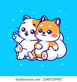 Cute Cat with Shiba Inu Dog Sitting On Cloud Cartoon Vector Icon Illustration. Animal Nature Icon Concept Isolated Premium Vector. Flat Cartoon Style