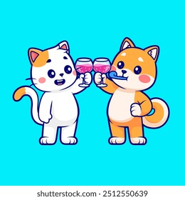 Nette Katze und Shiba Inu Hund trinken Saft Party Cartoon Vektor Symbol Illustration. Animal Drink Icon Konzept isolierte Premium-Vektor. Flacher Cartoon-Stil