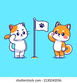 Cute Cat and Cute Shiba Inu Respect Paw Flag Cartoon Vector Icon Illustration. Animal Nature Icon Concept Isolated Premium Vector. Flat Cartoon Style