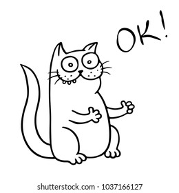 Cute cat shows that everything is ok. Good news. Vector Illustration. Cheerful pet character. White color background.