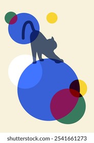 Cute cat silhouette aesthetic boho style. Kitty on colorful blobs 2d illustration