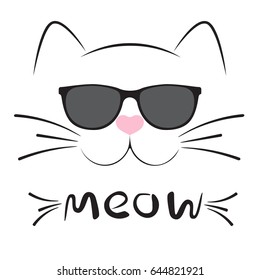 Cute cat silhouette. Black head of Cat with  lettering word 'Meow'.