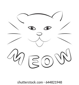 Cute cat silhouette. Black head of Cat with  lettering word 'Meow'.